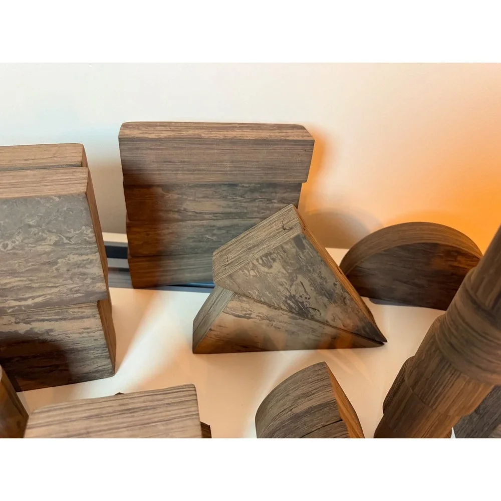 Unbranded Wooden Building Blocks Kids OS Brown Marble Grain Geometric Shapes Set